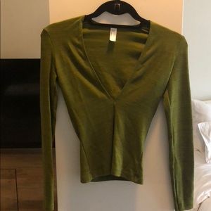Olive Green Long Sleeve, Low Cut, V-Neck